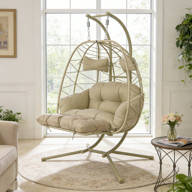 2 Person Hanging Egg Chair with Stand, Double Outdoor Wicker Swing Chair with Adjustable Footrest & Thickened Cushions for Patio Garden Balcony