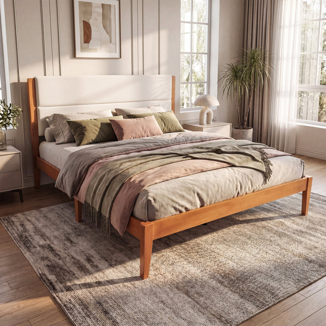 Mid-Century Modern Platform Bed Frame with Upholstered Headboard, Solid Wood Slat Support, No Box Spring Needed, Easy Assembly, King Size, Brown