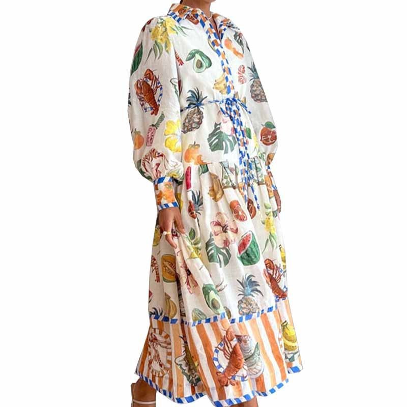 Print Holiday Women Beach Dress With Belts A-Line Long Lantern Sleeve Single Breasted Lapel Seaside Dresses Robe