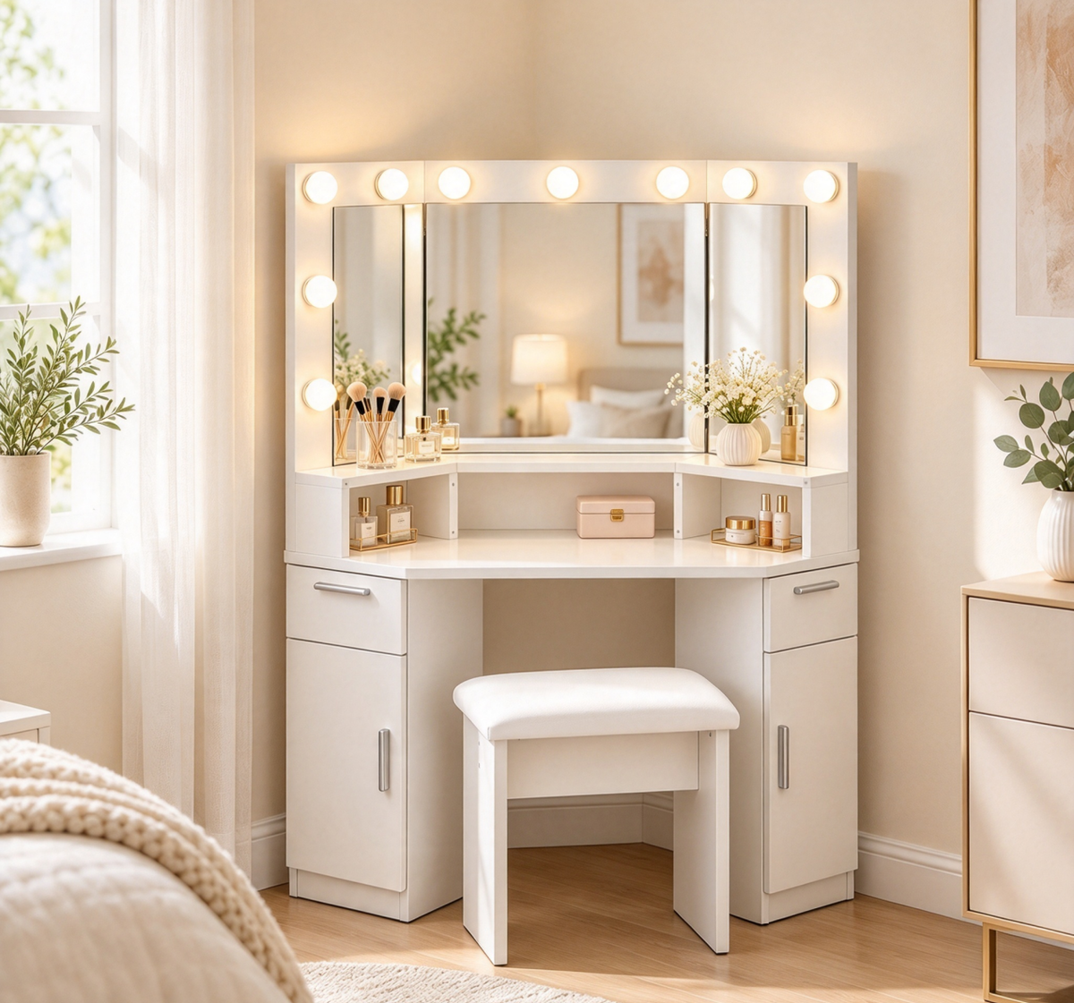 Corner Vanity Makeup Table with Tri-Fold Lighted Mirror, White Dressing Table with Drawers, Cabinet & Cushioned Stool, Makeup Vanity Desk with LED Bulbs