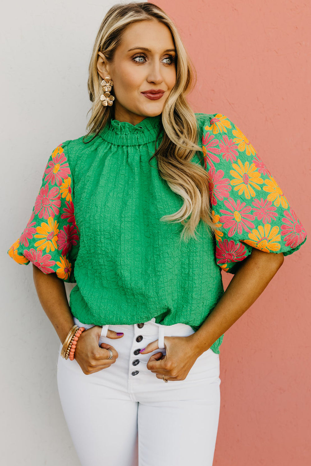 Bright Green Floral Print Puff Sleeve Button Back Fill Neck Blouse - Eloy Royal