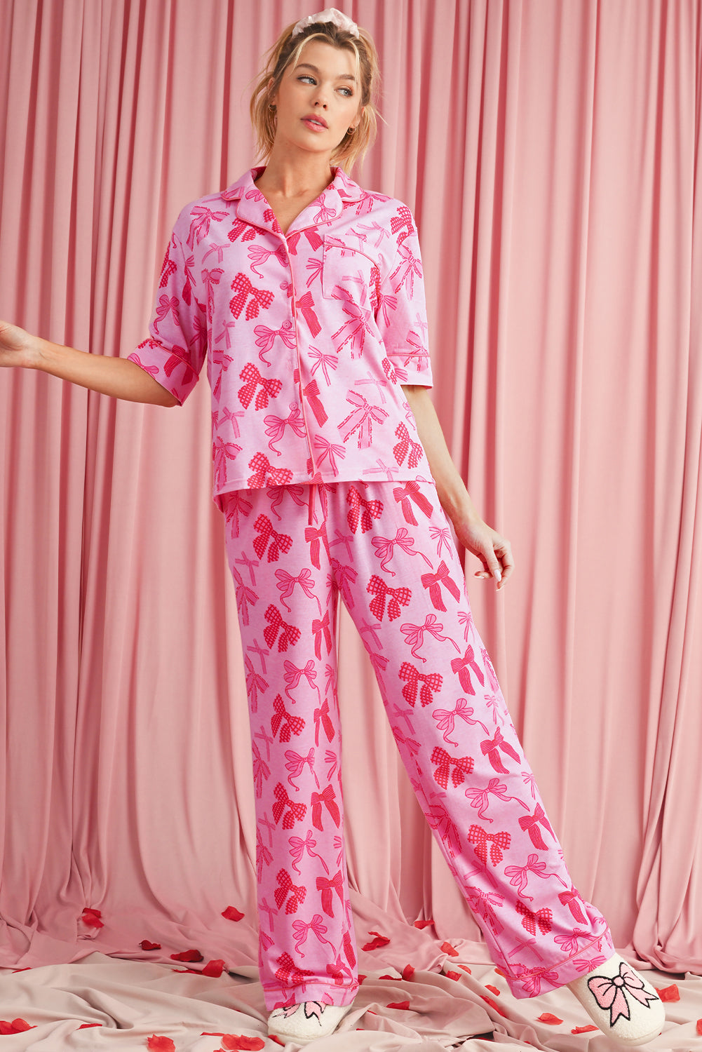 Pink Bow Knot Print Lapel Collar Short Sleeve and Pants Pajamas Set