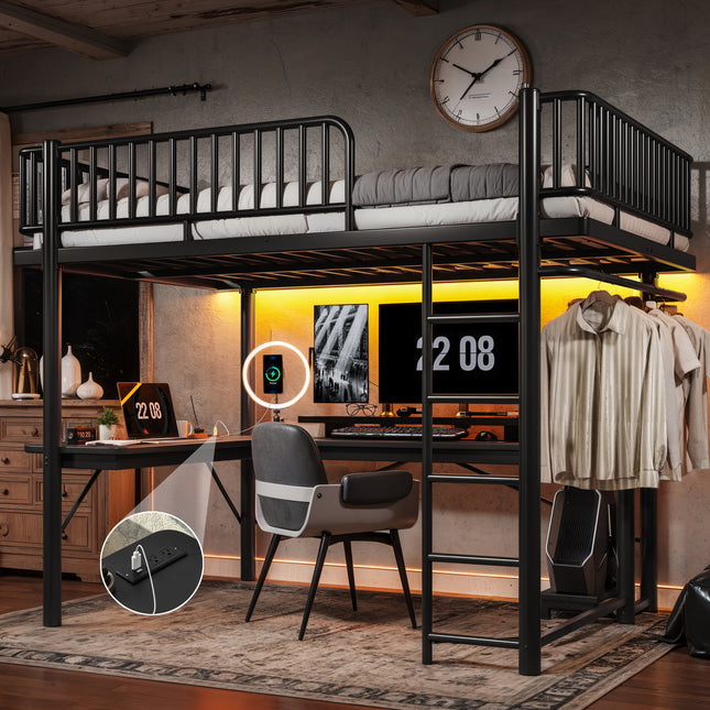 Queen Loft Bed with L-Shaped Desk,LED Light Strip and Charge Station, Metal Loft Bed with Computer Mainframe Tray and Hanging Area, Special Round Pipe Design, Black