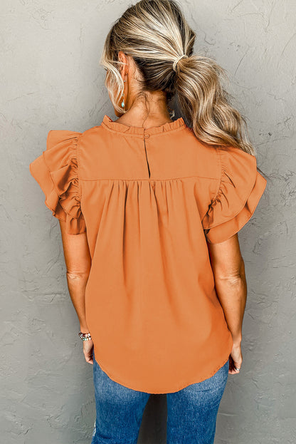 Grapefruit Orange Ruched Frilled Neck Ruffle Blouse - Eloy Royal