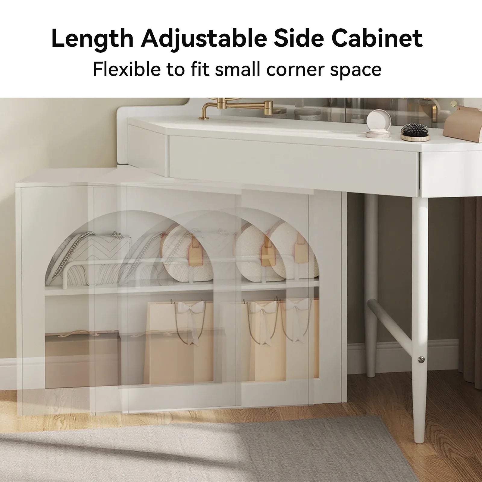 Corner Makeup Vanity Desk With Mirror & LED Lights, Modern Vanity Set With Mirror And Stool, Dressing Table With Large Storage For Small Place, Brightness Adjustable Folding Mirror, White - Eloy Royal