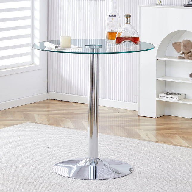 A glass tabletop with a diameter of 35 inches and a modern minimalist circular dining table with electroplated silver metal legs. Suitable for restaurants, living rooms, and conference rooms.BT-1166
