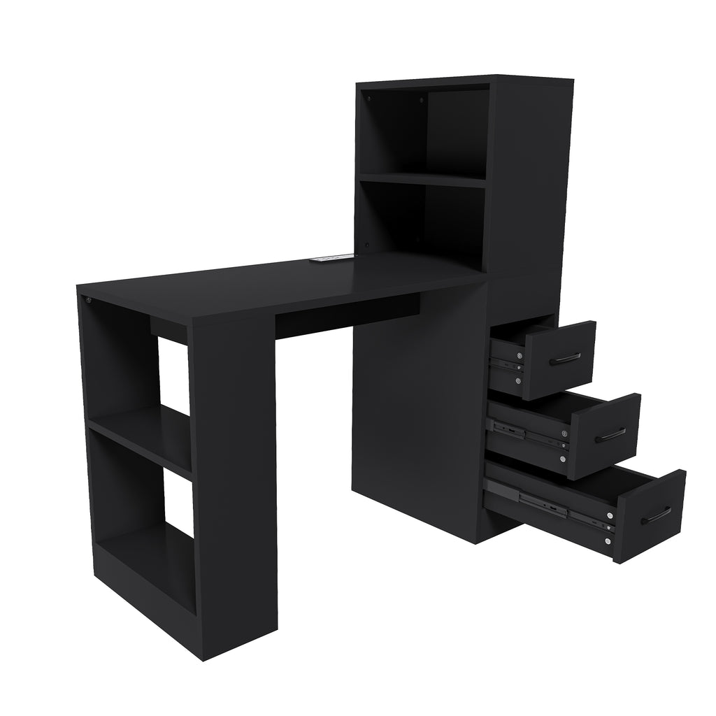 Black MDF Computer Desk with 4-in-1 Socket, 3 Slide Drawers and 4 Storage Levels, Ideal for Home Office or Study Space