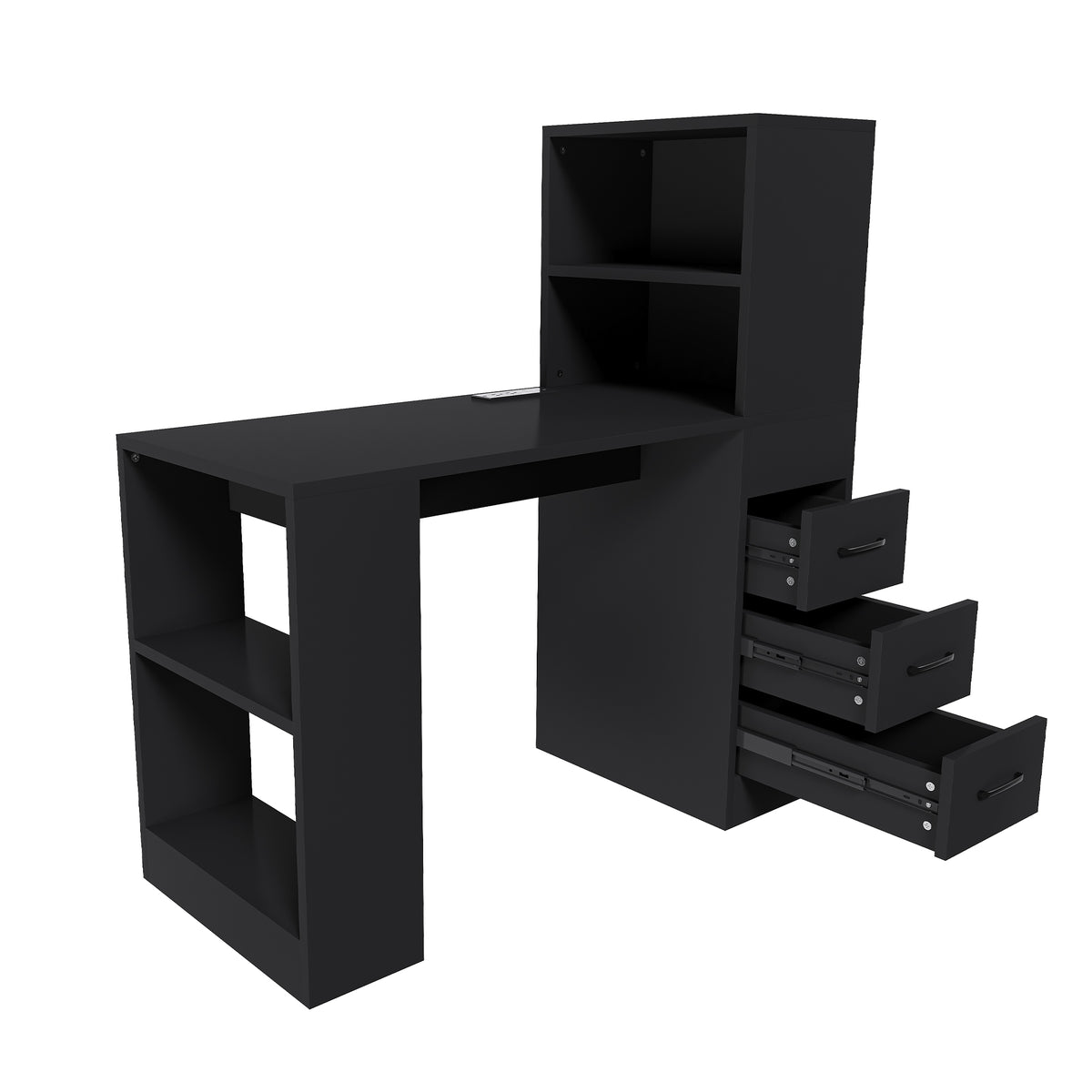 Black MDF Computer Desk with 4-in-1 Socket, 3 Slide Drawers and 4 Storage Levels, Ideal for Home Office or Study Space