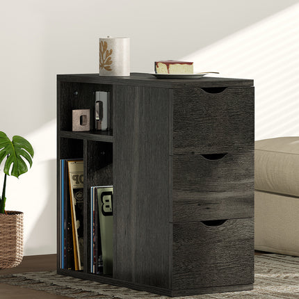Vividwood Narrow End Table with 3 Drawers, Wood Side Table with Storage Shelves for Living Room, Slim Sofa Side Table Nightstand for Bedroom (Black)