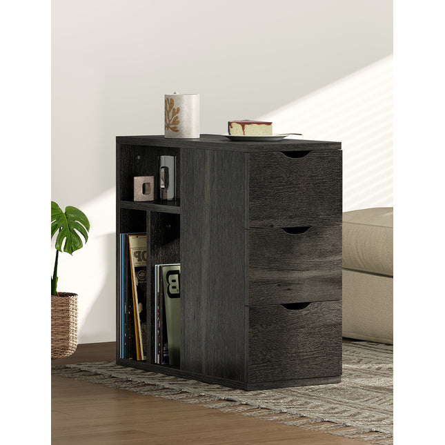 Vividwood Narrow End Table with 3 Drawers, Wood Side Table with Storage Shelves for Living Room, Slim Sofa Side Table Nightstand for Bedroom (Black)