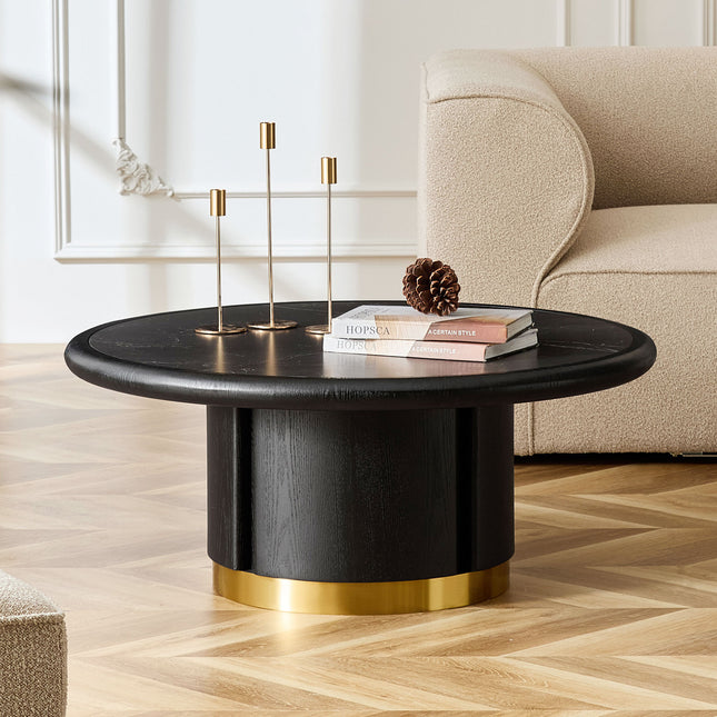 35.43 inch Round Coffee Table, Table with Cylindrical Base with Brushed Stainless Steel,Sintered Stone Tabletop Table,Rounded Sofa Side Table for living Room,Office