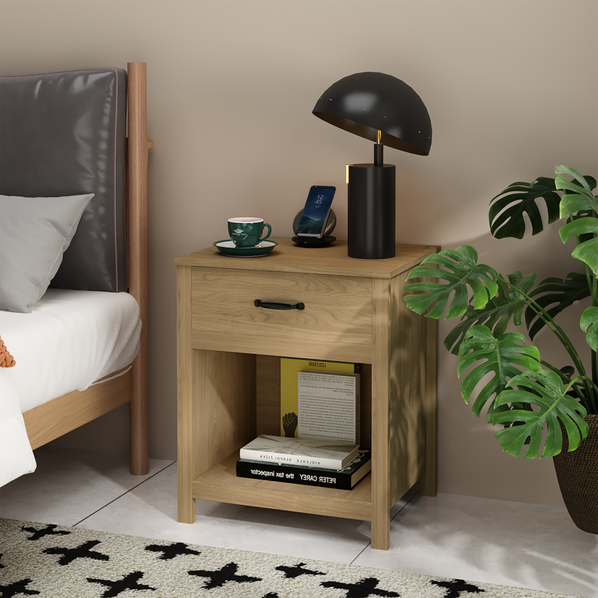 Wood Nightstand with Drawer and Open Shelf, Modern Bedside Table with Storage, Wooden End Table for Bedroom, Living Room or Apartment, Natural Finish, Brown