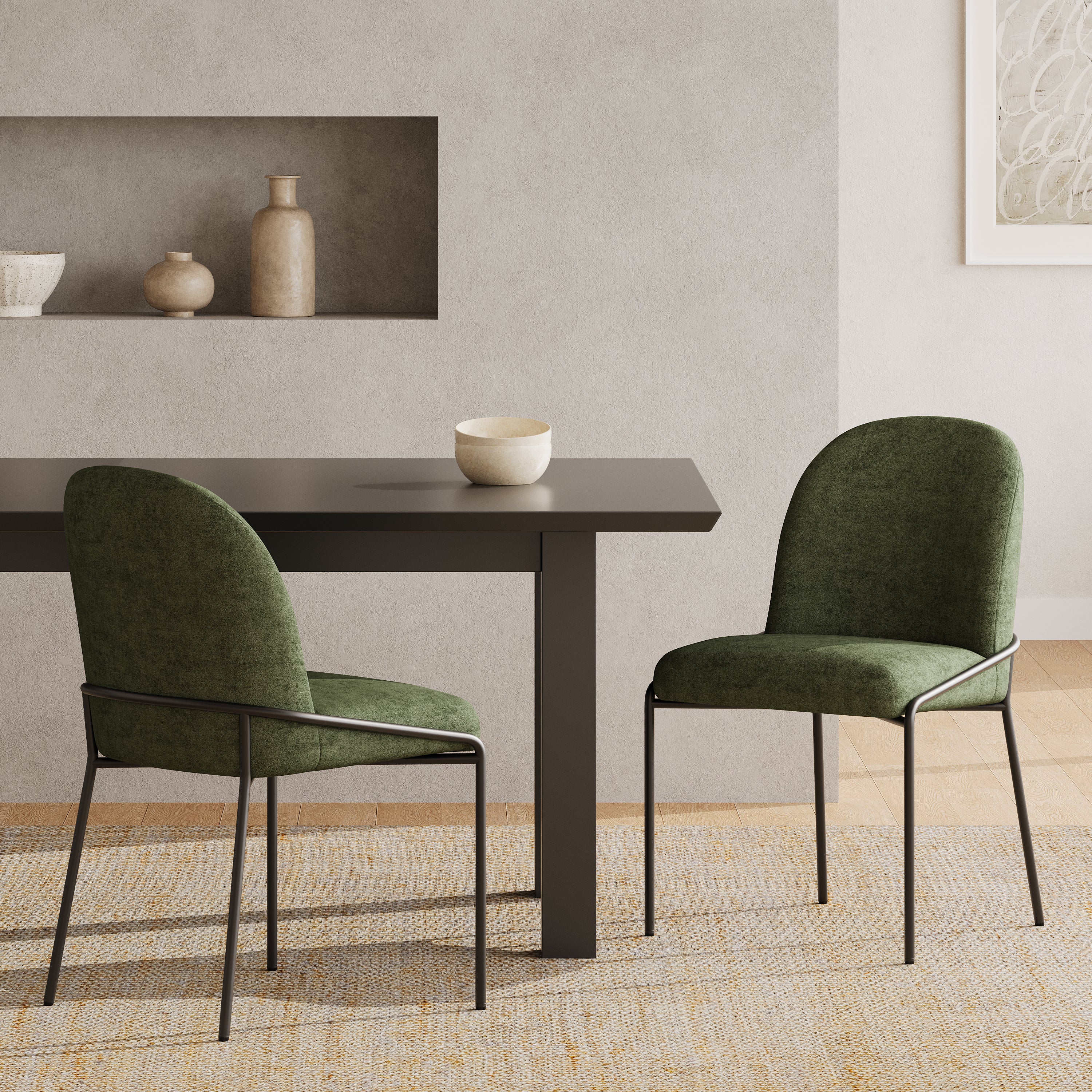 Modern Dining Chair with Soft Green  Linen Textured Polyester Fabric, bronze color Iron Frame, Set of 2,Green