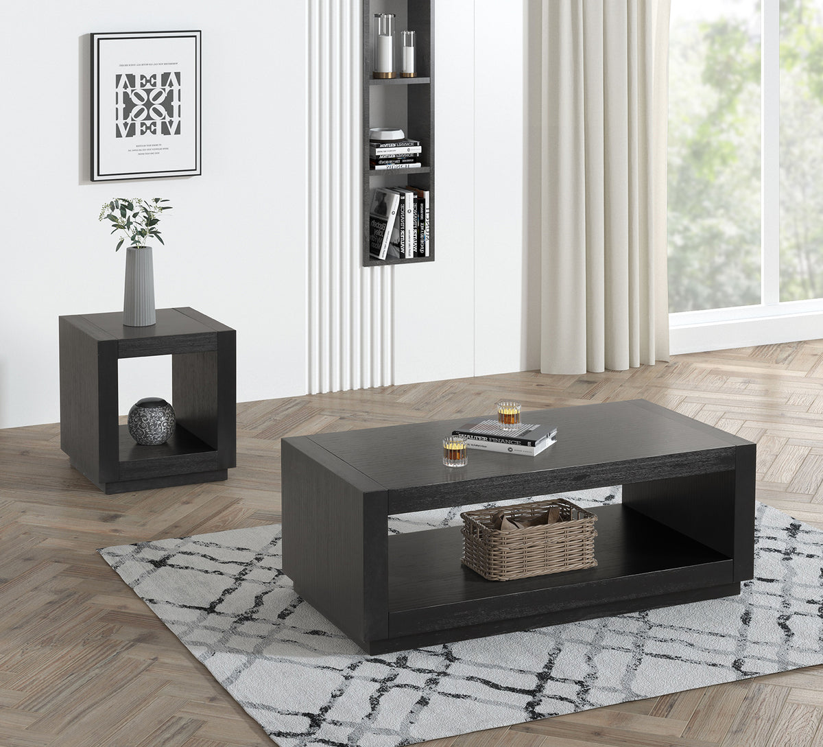 Contemporary Style 3pc Table Set 1x Coffee Table 2x End Table Open Bottom Shelf Plinth Base Black Finish Primary Living Room