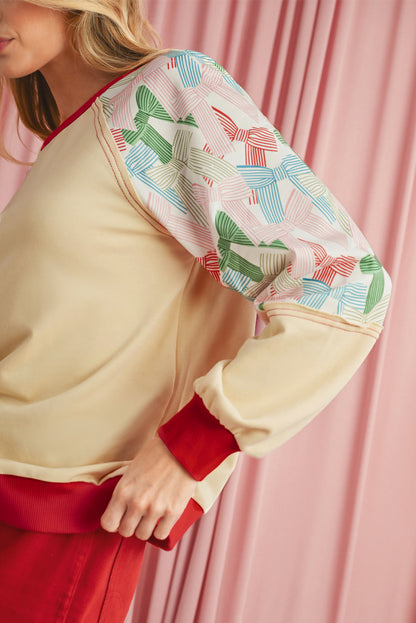 Beige Bowknot Print Patchwork Raglan Sleeve Top