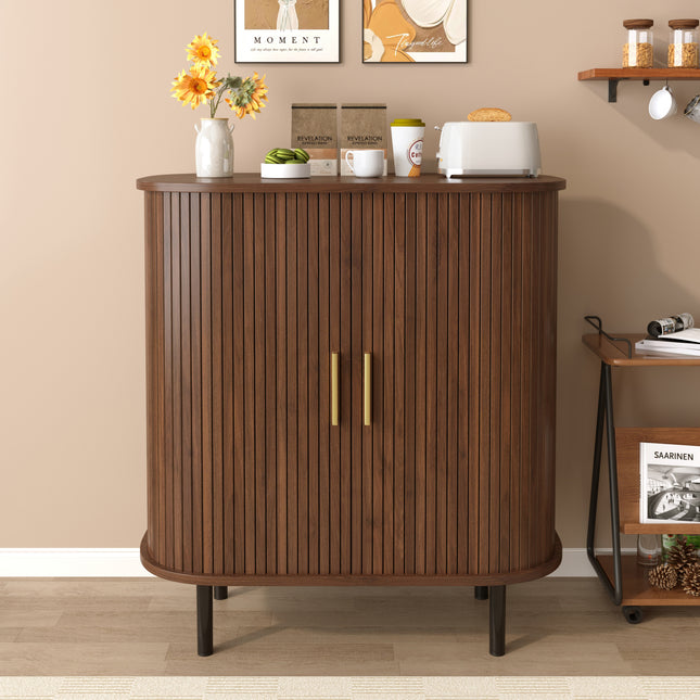 28' Fluted Wine Bar Cabinet with 8-Grid Wine Rack, 5-Level Adjustable Shelves, 2 Glass Holders, Smoothly Sliding Tambour Doors, 4 Hidden Storage Space on the Side, Modern Liquor Coffee Station, Walnut