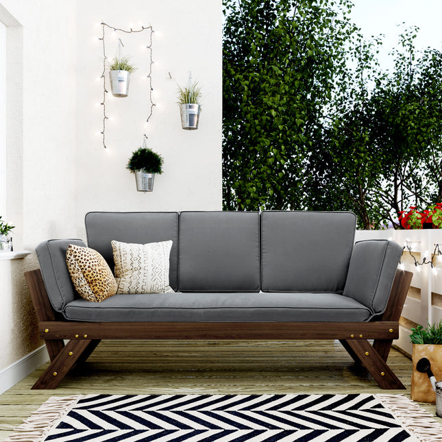 TOPMAX Outdoor Adjustable Patio Wooden Daybed Sofa Chaise Lounge with Cushions for