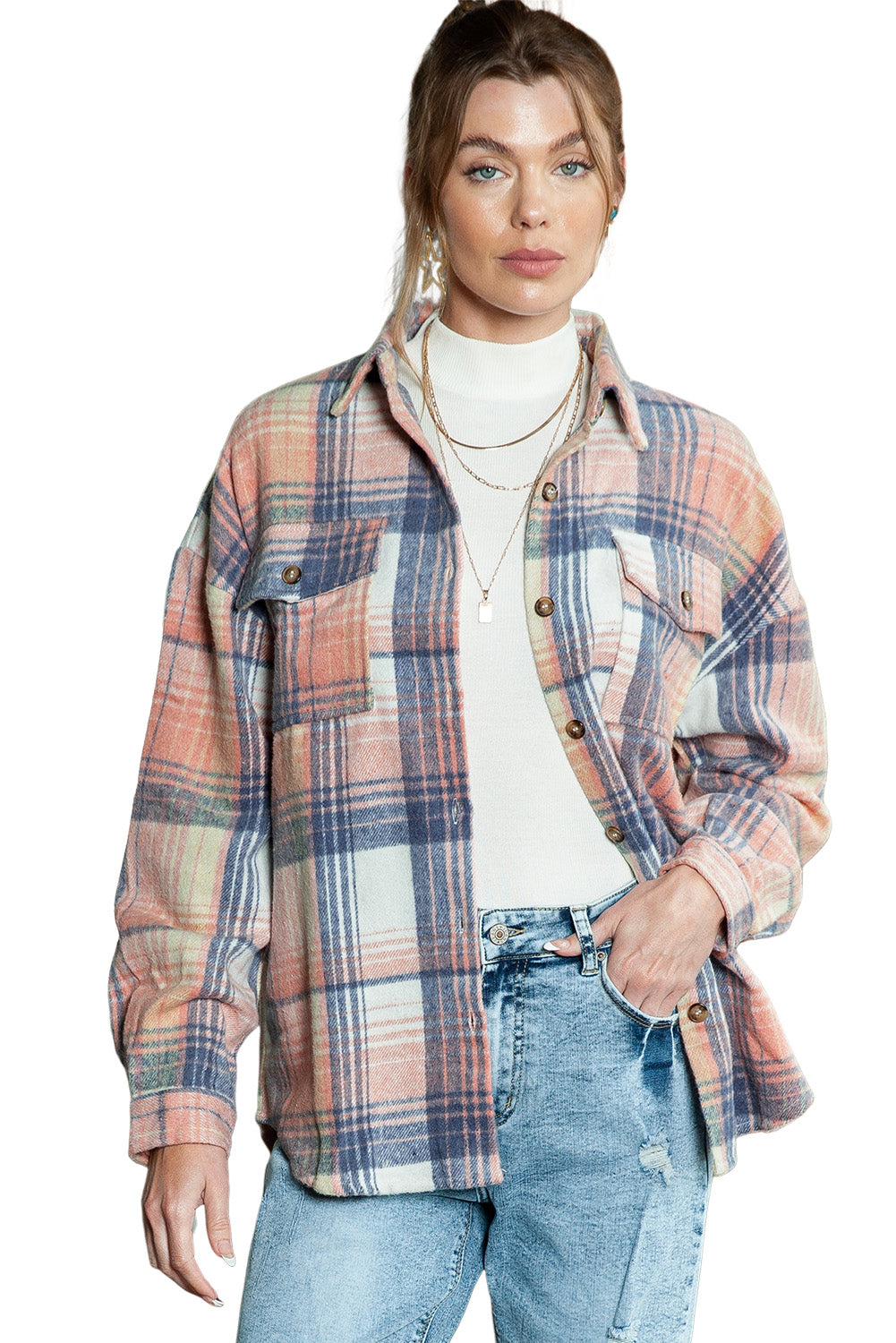 Pink & Grey Plaid Button Up Collared Flannel Shacket - Eloy Royal