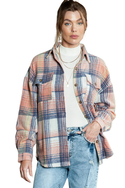 Wholesale Gold Flame & Grey Plaid Button Up Collared Flannel Shacket - Eloy Royal