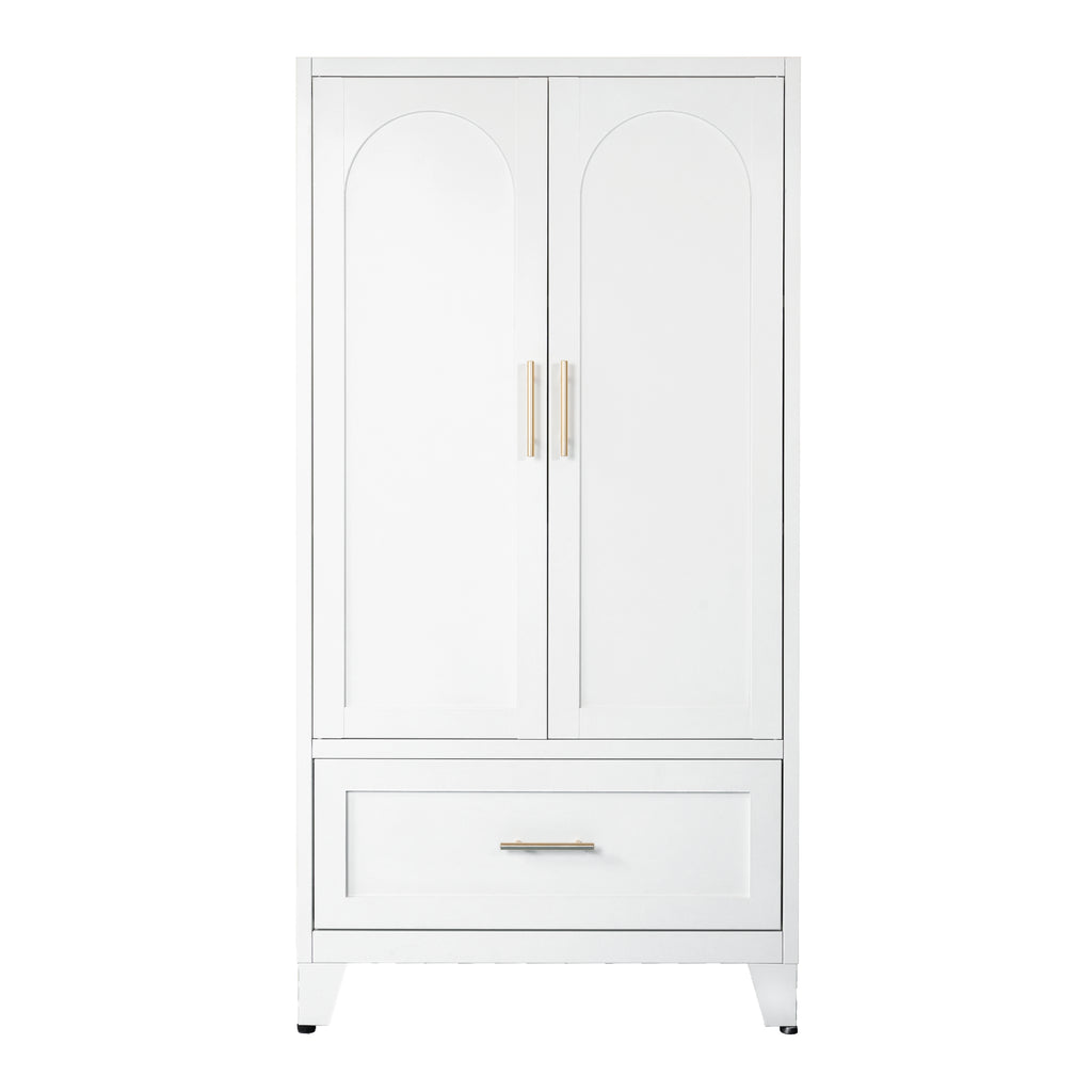 60' Tall Metal Wardrobe Cabinet with 1 Drawer and Hanging Rod, 2 Doors Wardrobe Closet with Shelf for Bedroom, Office, Laundry Room, Entryway, Foyer, Guesthouse (White)