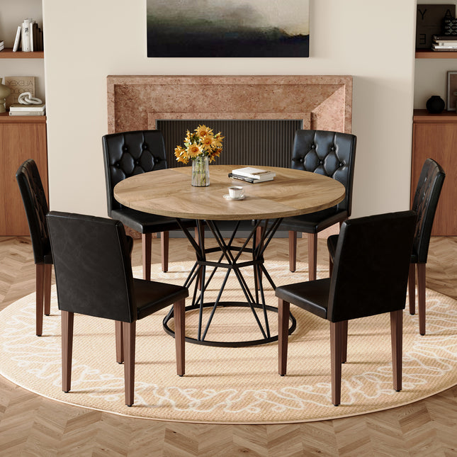 Table and chair set. A circular wood MDF dining table with a diameter of 47.3 inches,black hourglass shaped metal brackets.Paired with 6 Black PU chairs with decorative buckle design on the backrest.
