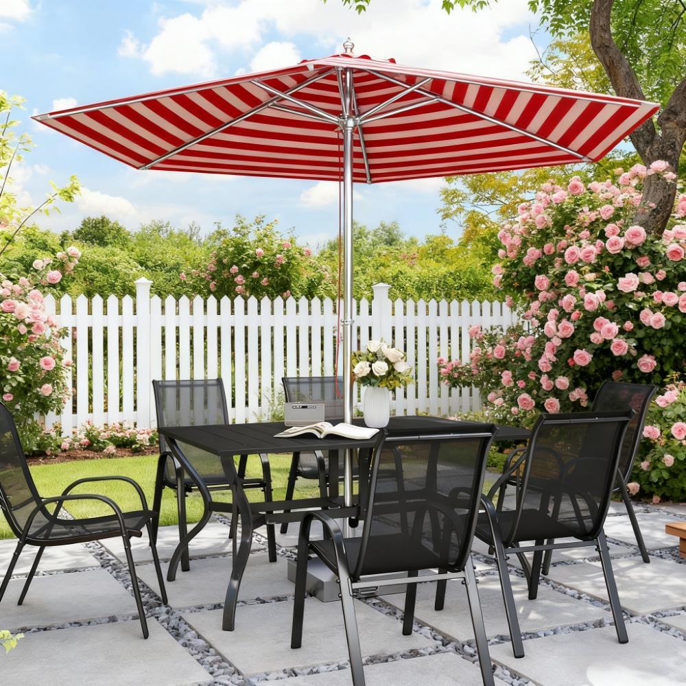 Steel Rectangle Outdoor Dining Table,Rectangular Patio Table with Umbrella Hole
