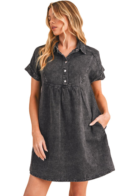 Black Vintage Snap Buttoned Mini Denim Dress - Eloy Royal