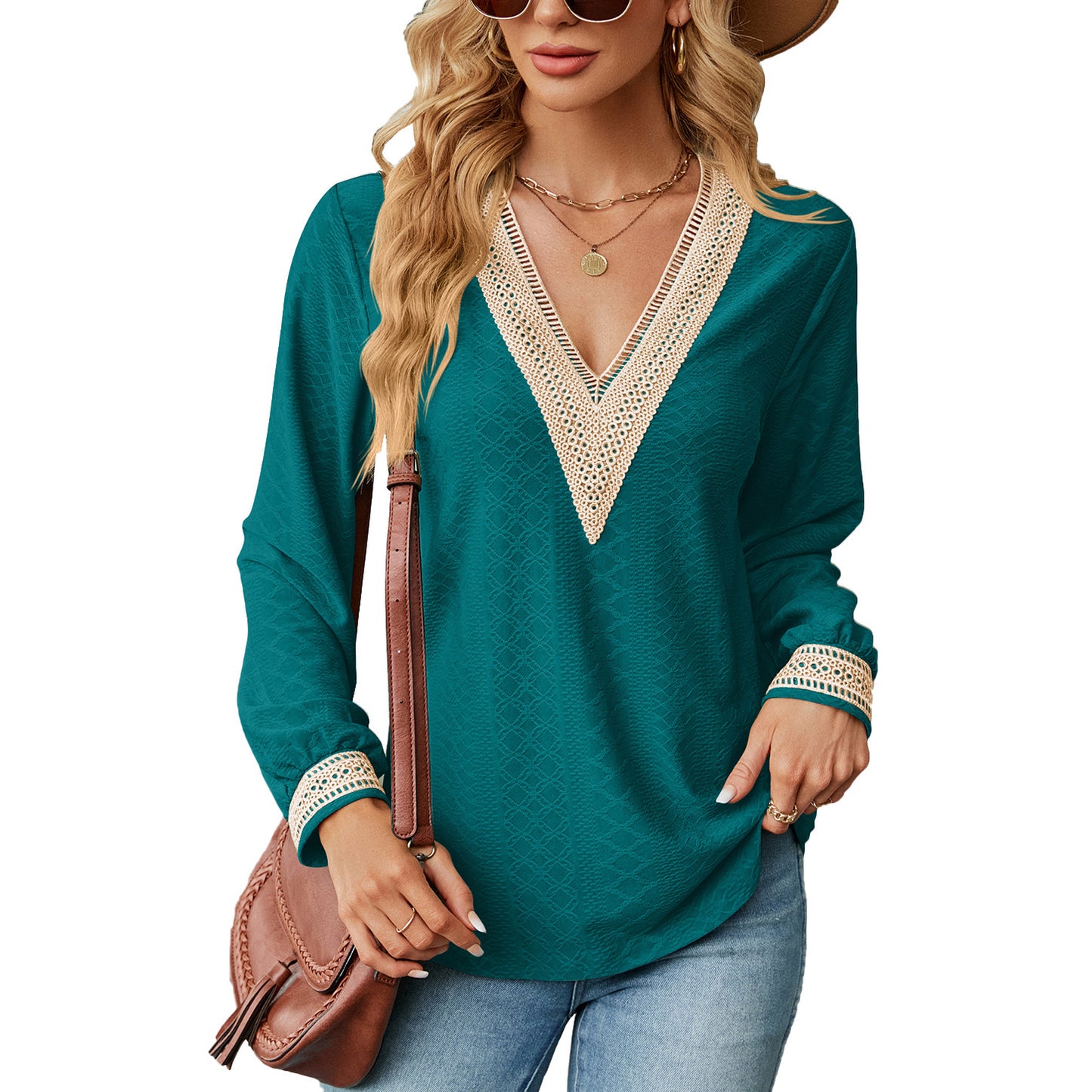 Lace Stitching V-neck T-shirt Loose Long-sleeved Solid Color Top For Women