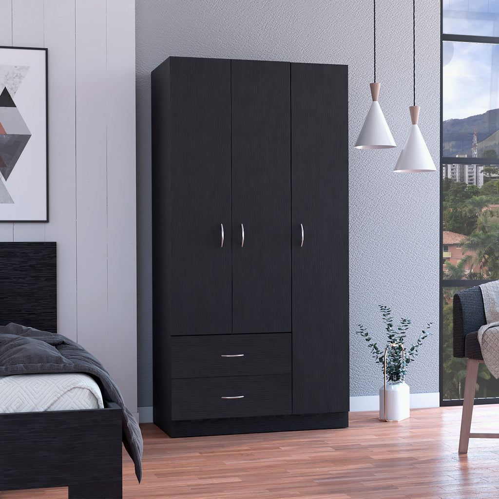 Bosko 3 Doors Armoire with Two Drawers and Metal Rod, Black Wengue, Bedroom