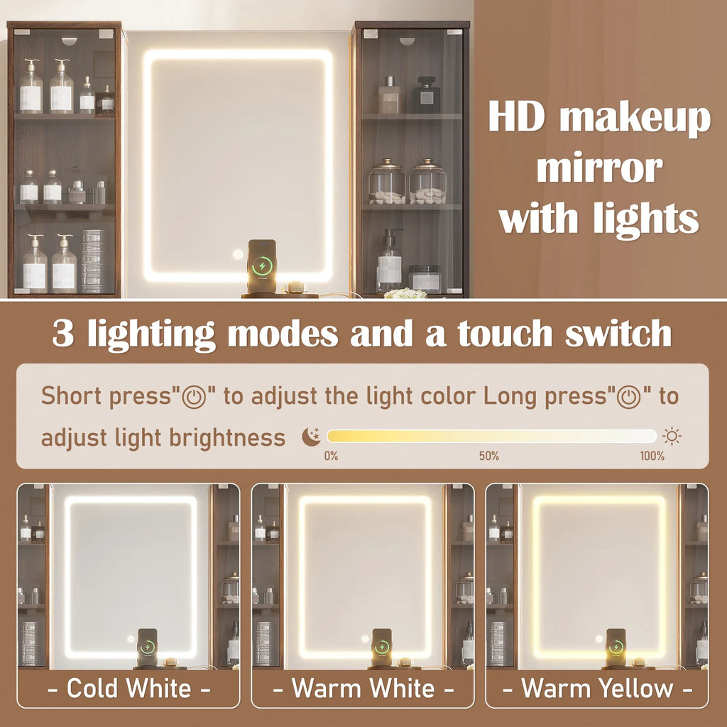 43.5' Fluted Makeup Vanity Desk with Mirror and Lights, Modern Glass Top Vanity Table with 10 Drawers & 2 Transparent Glass Cabinets, Dressing Table Set with Stool and Charging Station, Brown - Eloy Royal