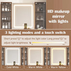 43.5' Fluted Makeup Vanity Desk with Mirror and Lights, Modern Glass Top Vanity Table with 10 Drawers & 2 Transparent Glass Cabinets, Dressing Table Set with Stool and Charging Station, Brown - Eloy Royal