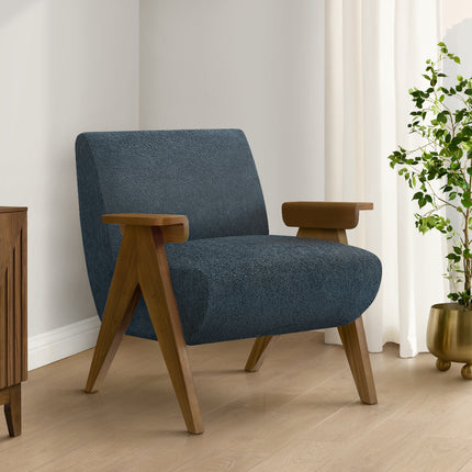 Accent Chair, 31'h, Upholstered, Living Room, Bedroom, Blue Fabric, Brown Walnut Solid Wood, Modern, Mid Century