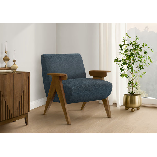 Accent Chair, 31'h, Upholstered, Living Room, Bedroom, Blue Fabric, Brown Walnut Solid Wood, Modern, Mid Century