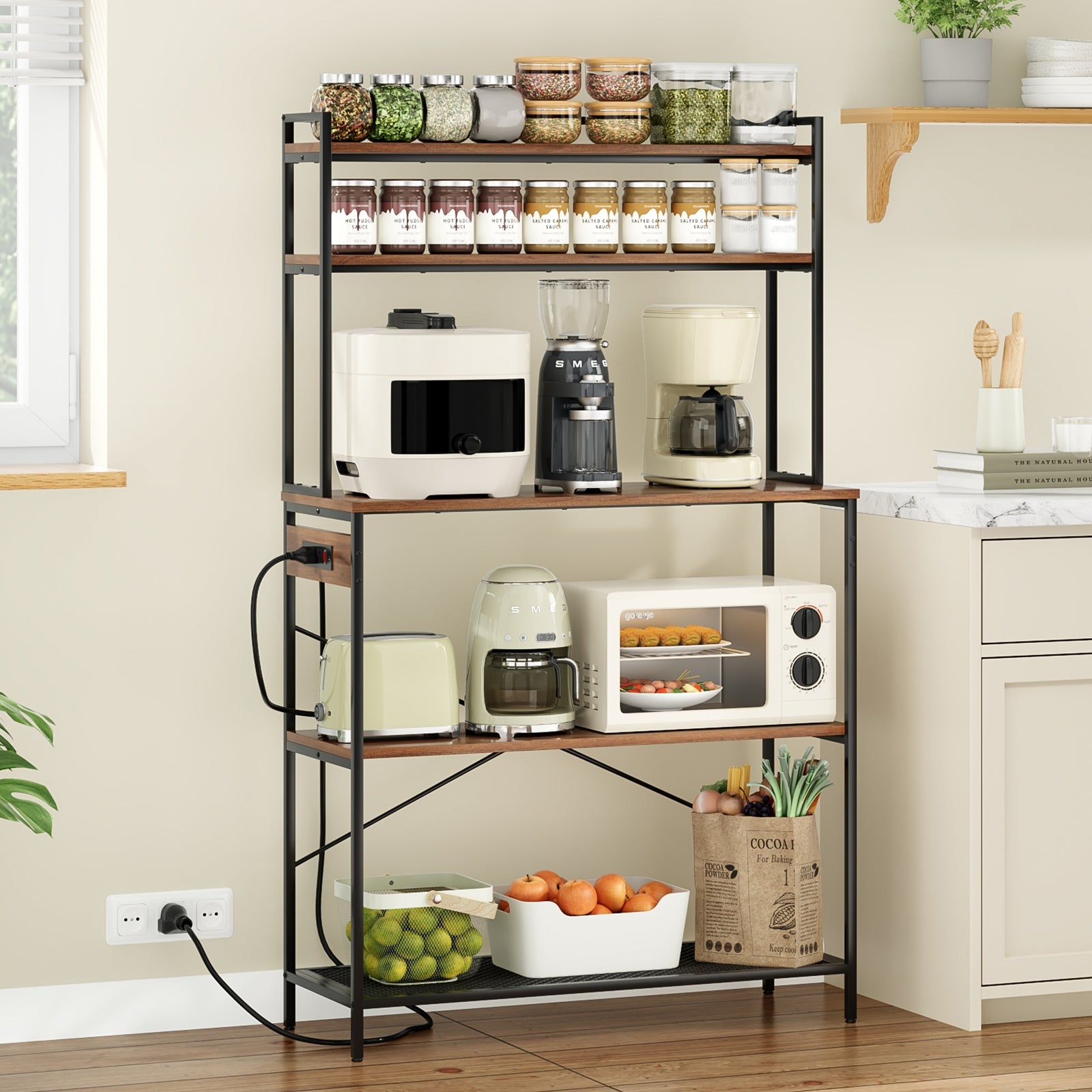 Large 5-Tier Bakers Rack with Electrical Outlets, 39 Inch Microwave Stand & Coffee Bar, Kitchen Storage Shelf for Home, Counter Space Organizer