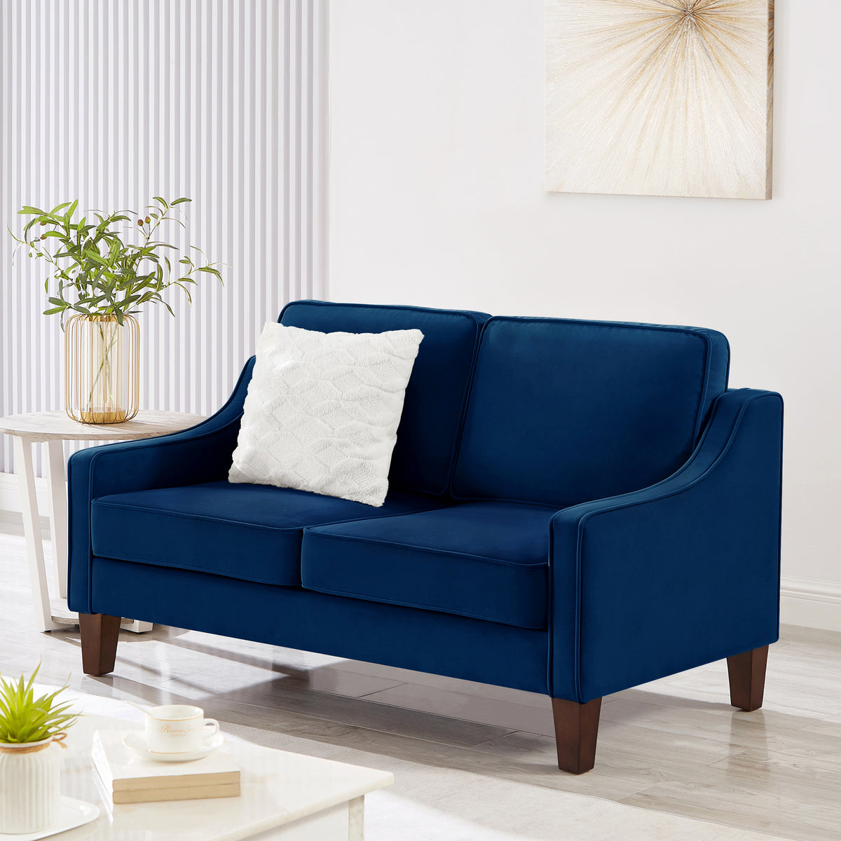 2-Seater Loveseat Sofa with Spring Seat Cushion, Velvet Upholstered Couches with Solid Rubber Wood Legs and Removable Covers, Easy Assembly for Living Room, Bedroom - Navy