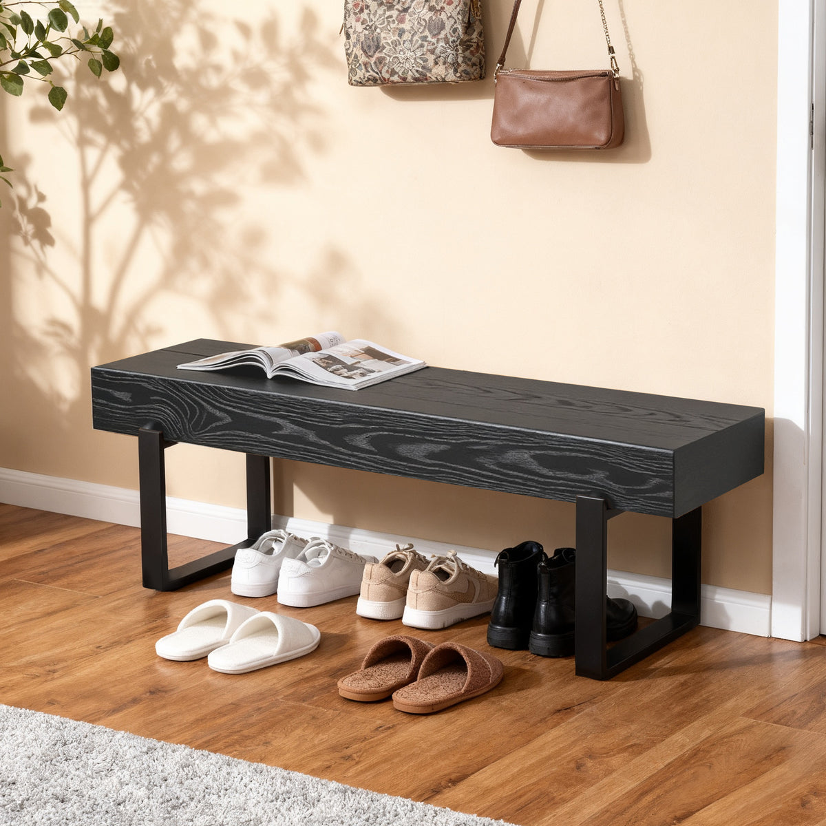 59' Wood Bench for Bedroom End of Bed, Farmhouse Indoor Kitchen Table Benches,Versatile Modern Shoe Bench for Entryway, Black