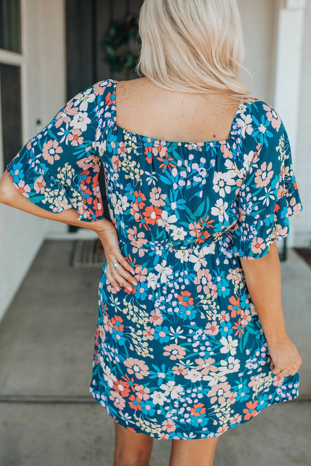 Dark Blue Bohemian Floral Print Off Shoulder Short Dress - Eloy Royal