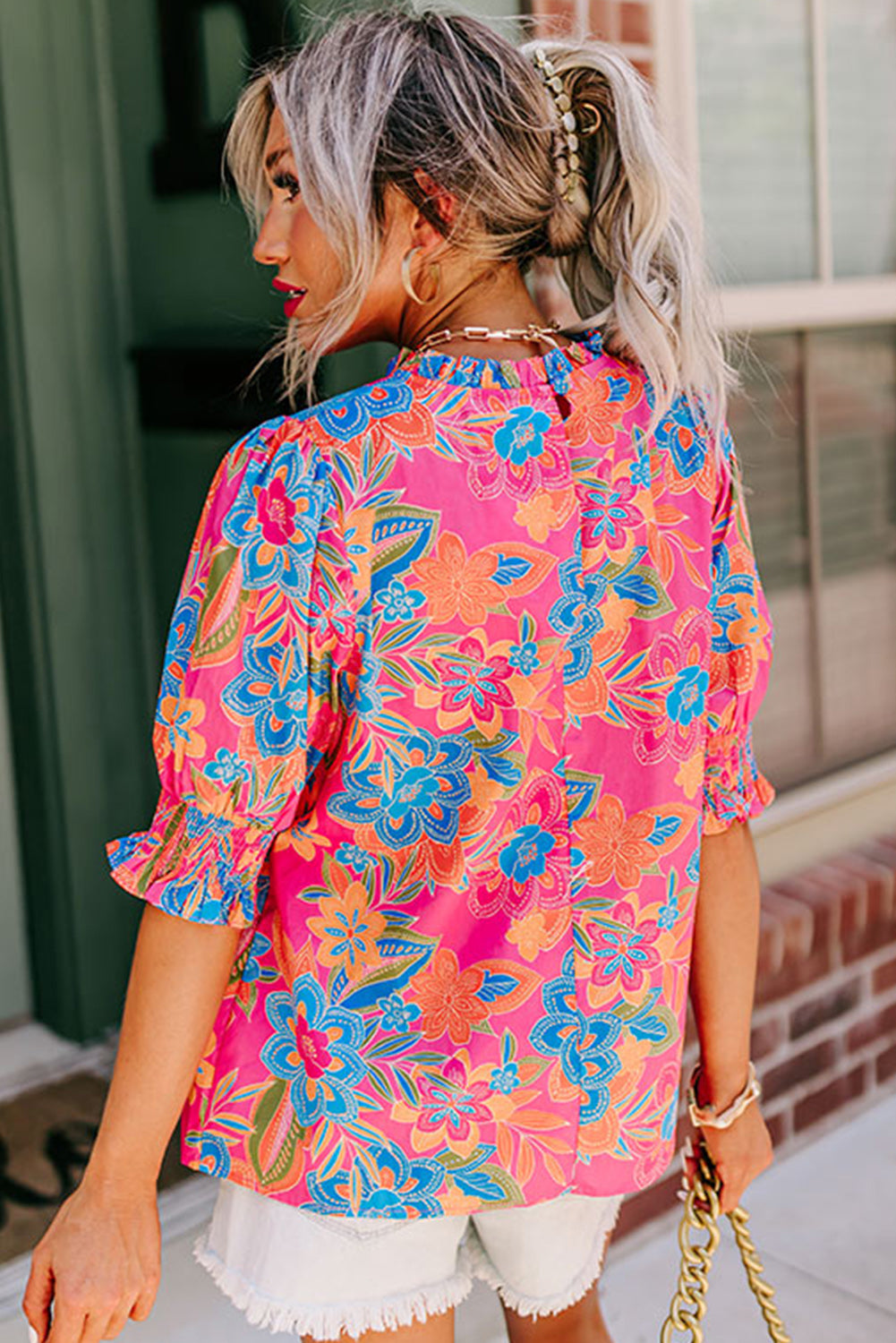 Rose Frill Neck Puff Sleeve Boho Floral Blouse - Eloy Royal