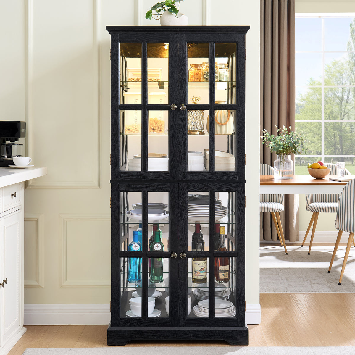 Curio Display Cabinet, Antique Display Cabinet with Glass Doors Adjustable Shelves for Collectibles Four Door Design Vintage Showcase for Home or Office Antique Display Case E26 Bulb Included BLK