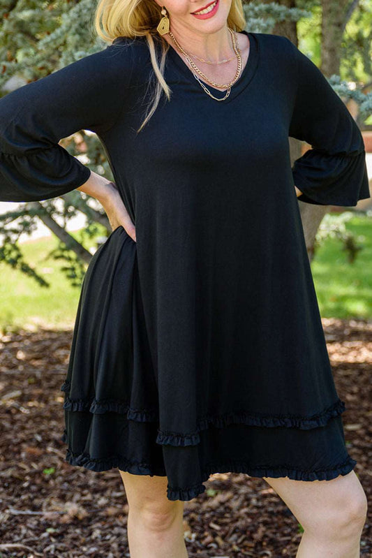 Black Plus Size Ruffled Trim 3/4 Sleeve Dress