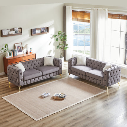 FX 3 seater + 3 seater combo sofa Velvet modern living room sofa with solid wood frame and metal feet, 4 cushions, apartment sofa furniture for living room, living room, office,grey