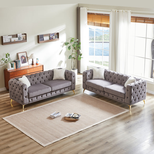 FX 3 seater + 3 seater combo sofa Velvet modern living room sofa with solid wood frame and metal feet, 4 cushions, apartment sofa furniture for living room, living room, office,grey