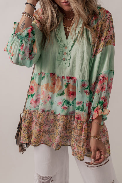 Green Floral Patchwork Frilled Split Neck Blouse - Eloy Royal