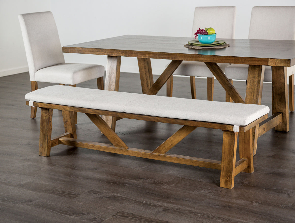 Modern Upholstery Bench With Cushion Rustic Style Trestle Base Upholstered Seat Brown And White Finish
