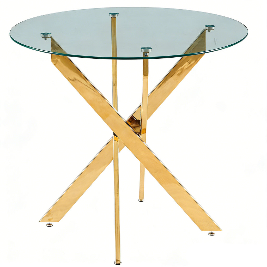 Golden Modern Dining Table with Cross Metal Legs and Glass Top, Space-Saving Kitchen Table for Living Room