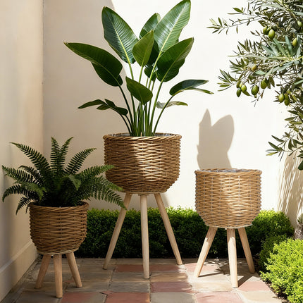 Set of 3 Brown Poly Rattan Baskets with Rope Texture and Tapered Wooden Legs, L:12x12x23.5' M:10x10x17.5' S:8x8x13.5'