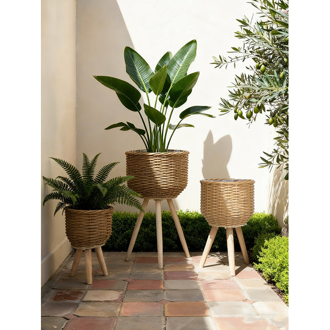 Set of 3 Brown Poly Rattan Baskets with Rope Texture and Tapered Wooden Legs, L:12x12x23.5' M:10x10x17.5' S:8x8x13.5'