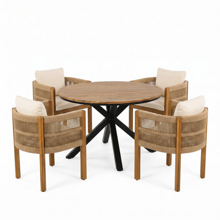 Bohemian-Style 5-Piece Outdoor Dining Set with Round Teak Finish Table and 4 Rope-Wrapped Chairs in Black, Brown, and Teak