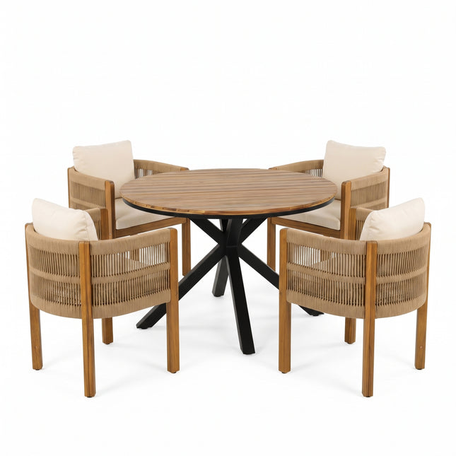 Bohemian-Style 5-Piece Outdoor Dining Set with Round Teak Finish Table and 4 Rope-Wrapped Chairs in Black, Brown, and Teak