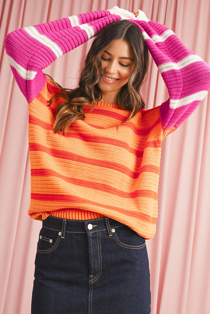 Orange Striped Colorblock Puff Sleeve Sweater